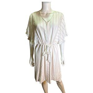 Frnch Paris White Pinstripe Ruffle Sleeve Tie Waist Midi Dress Spring S/M EUC